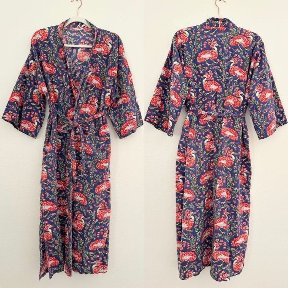 Print Fresh Bird Novelty Print Blue Robe 100% Cotton Belted Long PJ Women's S/M